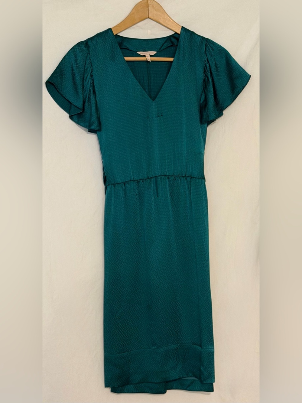 Rebecca Taylor Teal Satin Flutter Sleeve Smocked Mini Dress with Waist Tie